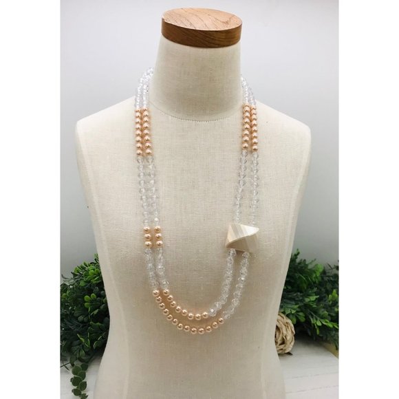 Vintage 27" Necklace Two Strands Clear And Champagne Pink Beads - Picture 2 of 3